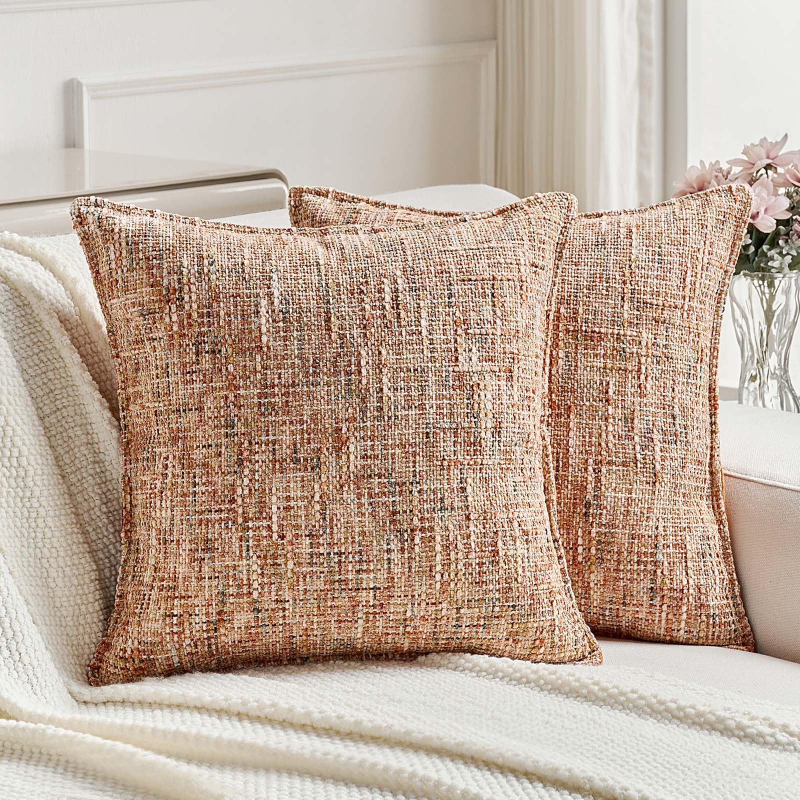 FUTEI Rust Decorative Throw Pillow Covers 18x18 Inch Set of 2,Soft Chenille Tweed Textured Cushion Case,Modern Home Decor for Couch Bed Living Room