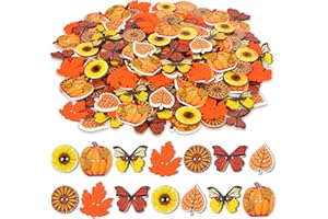 HLARTNET 200 Pcs Thanksgiving Buttons for Crafts - Fall Pumpkins Sunflowers Shaped Thanksgiving Day Wooden Orange Buttons for Sewing Clothes Accessories Scrapbooking DIY Decorative Embellishments 1In