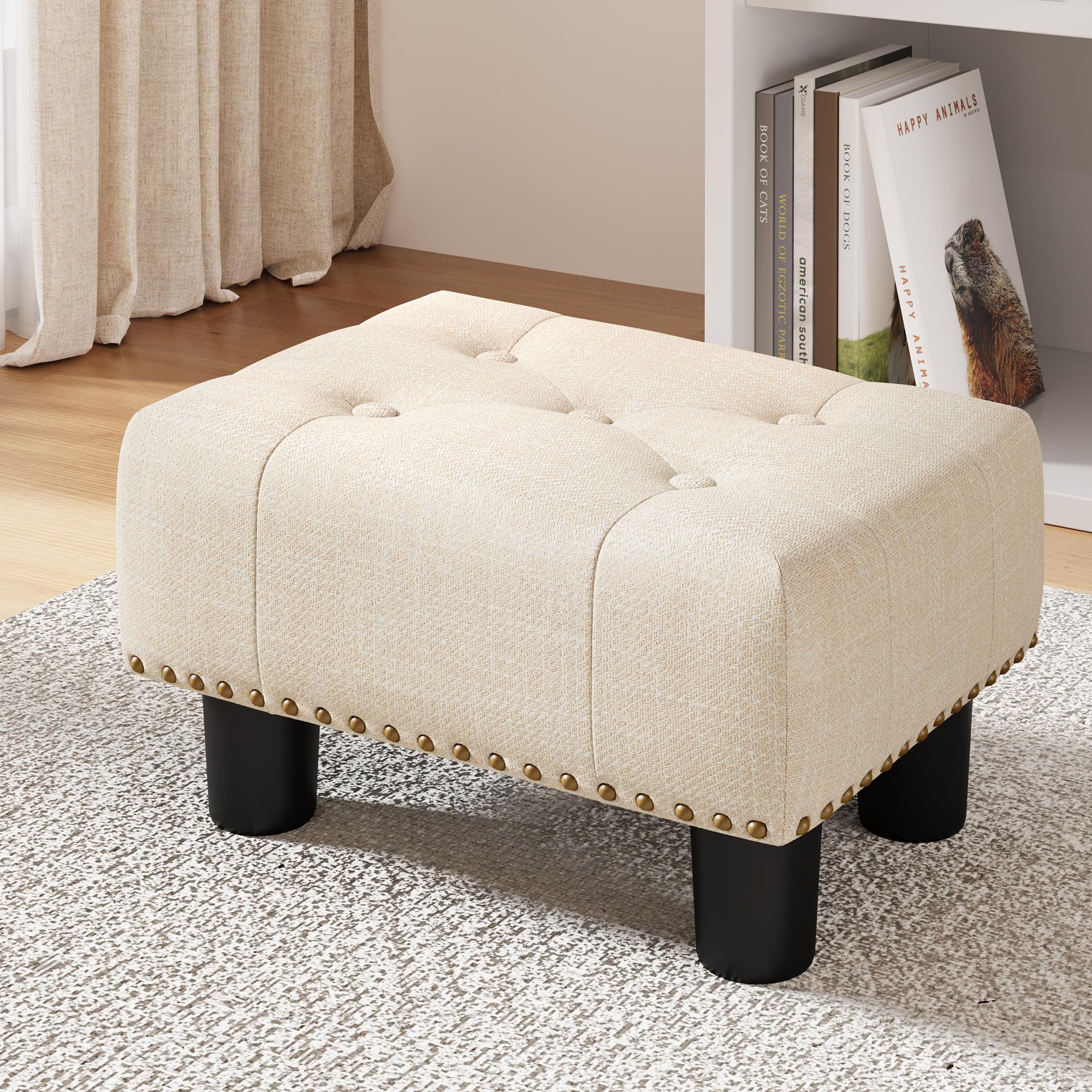 Photo 1 of LUE BONA Small Tufted Foot Stool, Beige Linen Rivet Tufted Footrest with Plastic Legs, 9''H, Rectangle Foot Stools for Adult with Non-Slip Pads, Sofa Footstool for Living Room, Couch