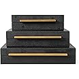 Kingflux Faux Black Shagreen Leather Set of 3 Pcs Decorative Boxes, Storage Boxes Jewelry Organizer, Men's Accessory Organizer (Black)