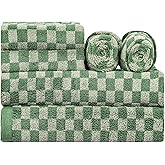 CinGiiCo Checkered Bath Towels Set of 6 Large, 600GSM, 100% Cotton Shower Towels * 2 (55 * 28 in), Hand Towels * 4 (29 * 14 in),Towels for Bathroom、Pool、Hotel, Spa (Checkered Dark Green)