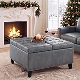 FiveWillowise 31.5 Inch Large Square Ottoman with Storage,Faux Leather | Coffee Table Storage Ottoman Bench with Lift Top Upholstered Footrest Stool Toy Box for Bedroom Living Room,Grey