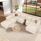Vesgantti 7 Seater Plush Corduroy Boneless Couch, 141.7" Large Sofa, Beige | Oversized Modular Sectional Couch with Chaise &amp; Ottoman, Deep Seat Cloud Sofa for Living Room, No Assembly Compressed Sofa