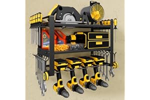 Jusgym Power Tool Organizer Wall Mount, 3-Tier Tool Storage Rack with 4 Drill Holders, 150LBS Load Heavy Duty Cordless Tool Shelf for Garage Organization, Gift for Men