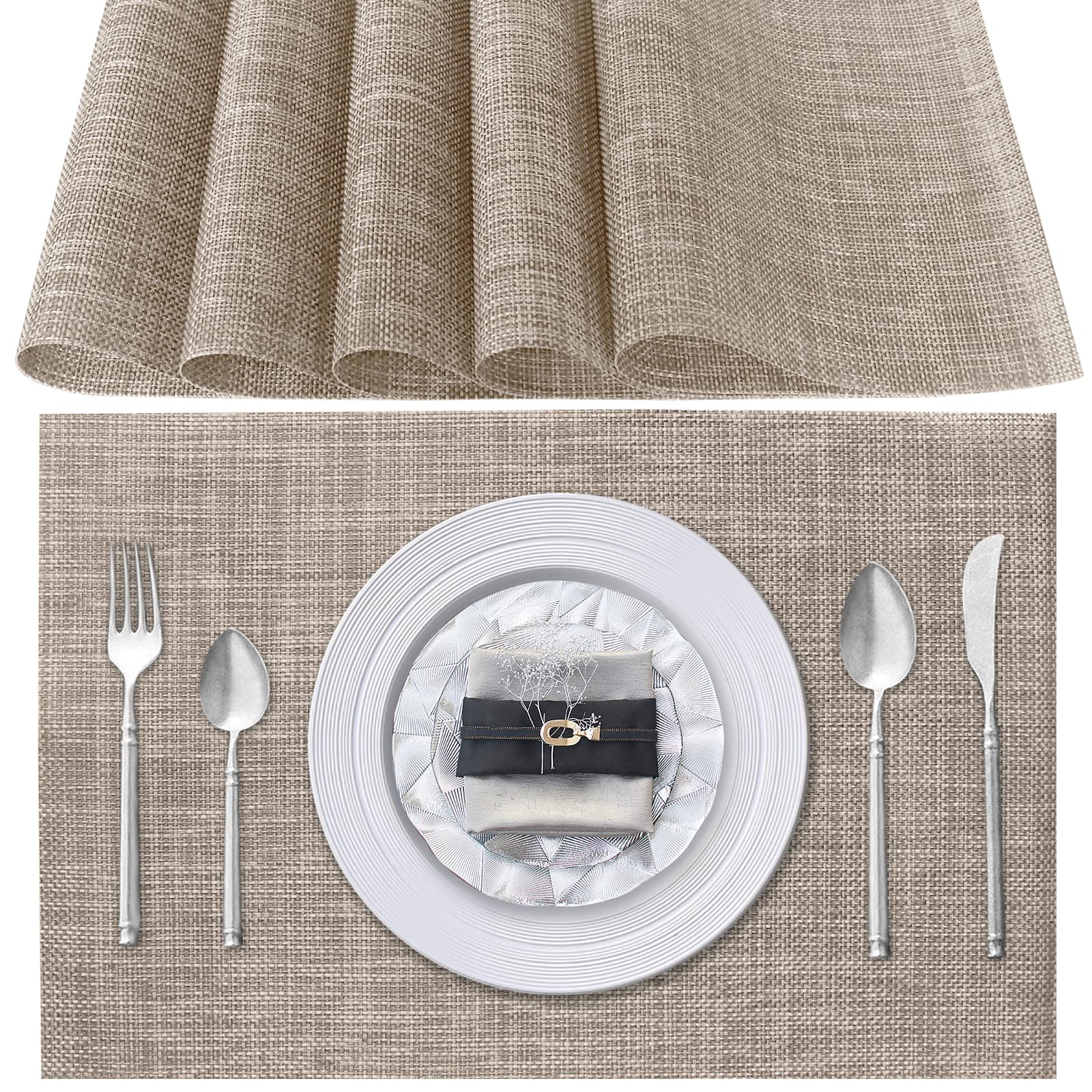 Poligono Washable Placemats, (70% PVC and 30% Polyester) Table Mats set of 6, Non-slip, Heat Resistant, Place Mats for the Kitchen Table, Dark Beige