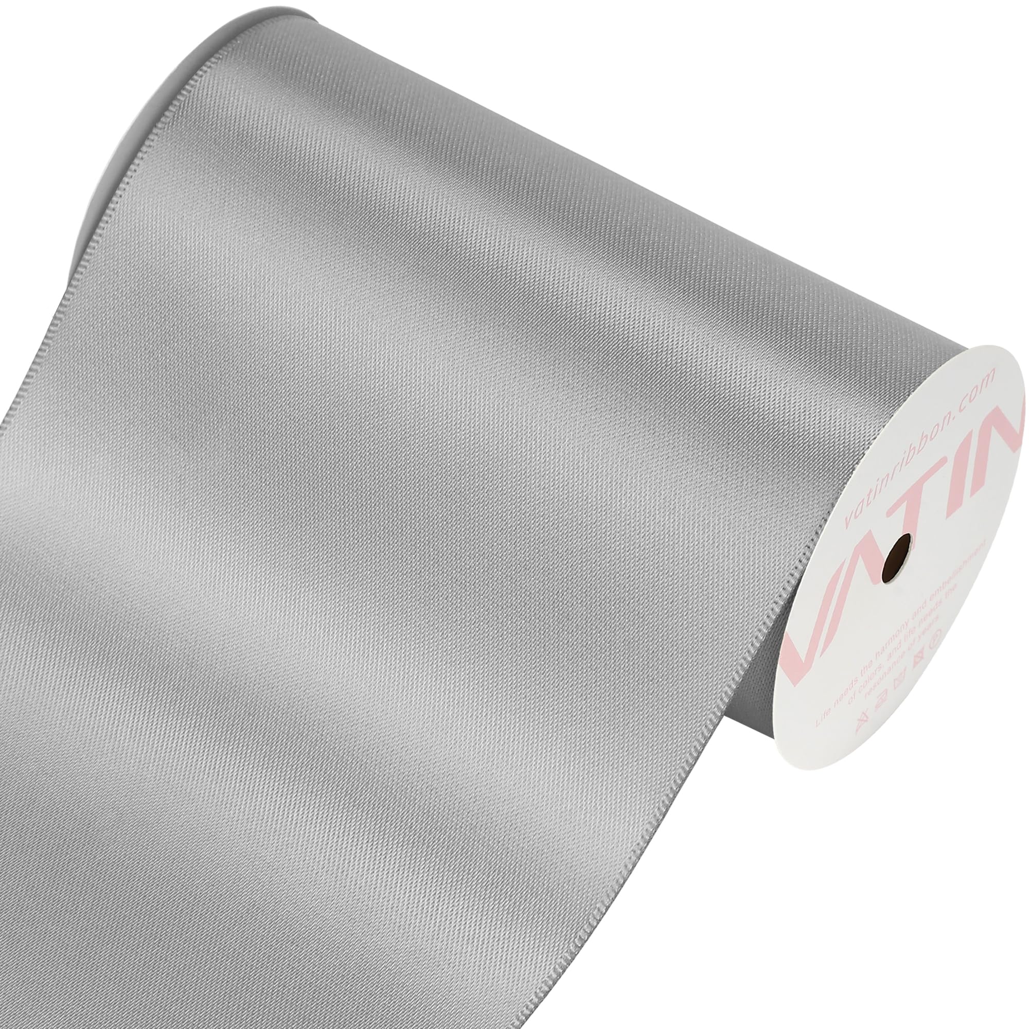 VATIN 100mm Wide Double Faced Polyester Deep Silver Satin Ribbon- 4.5 Metre/Spool, Perfect for Chair Sash, Making Bow, Sewing and Wedding Bouquet