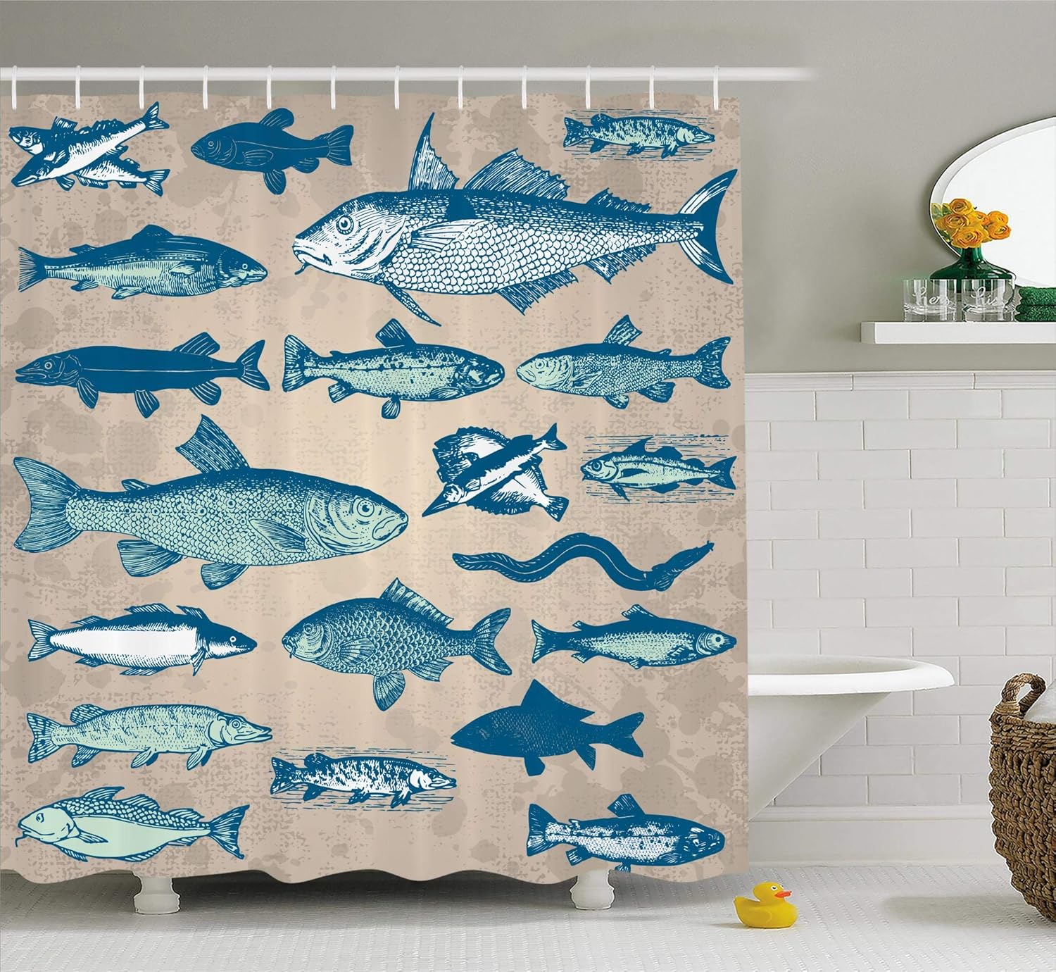 Amazon Com Ambesonne Fish Shower Curtain Vintage Style Group Of