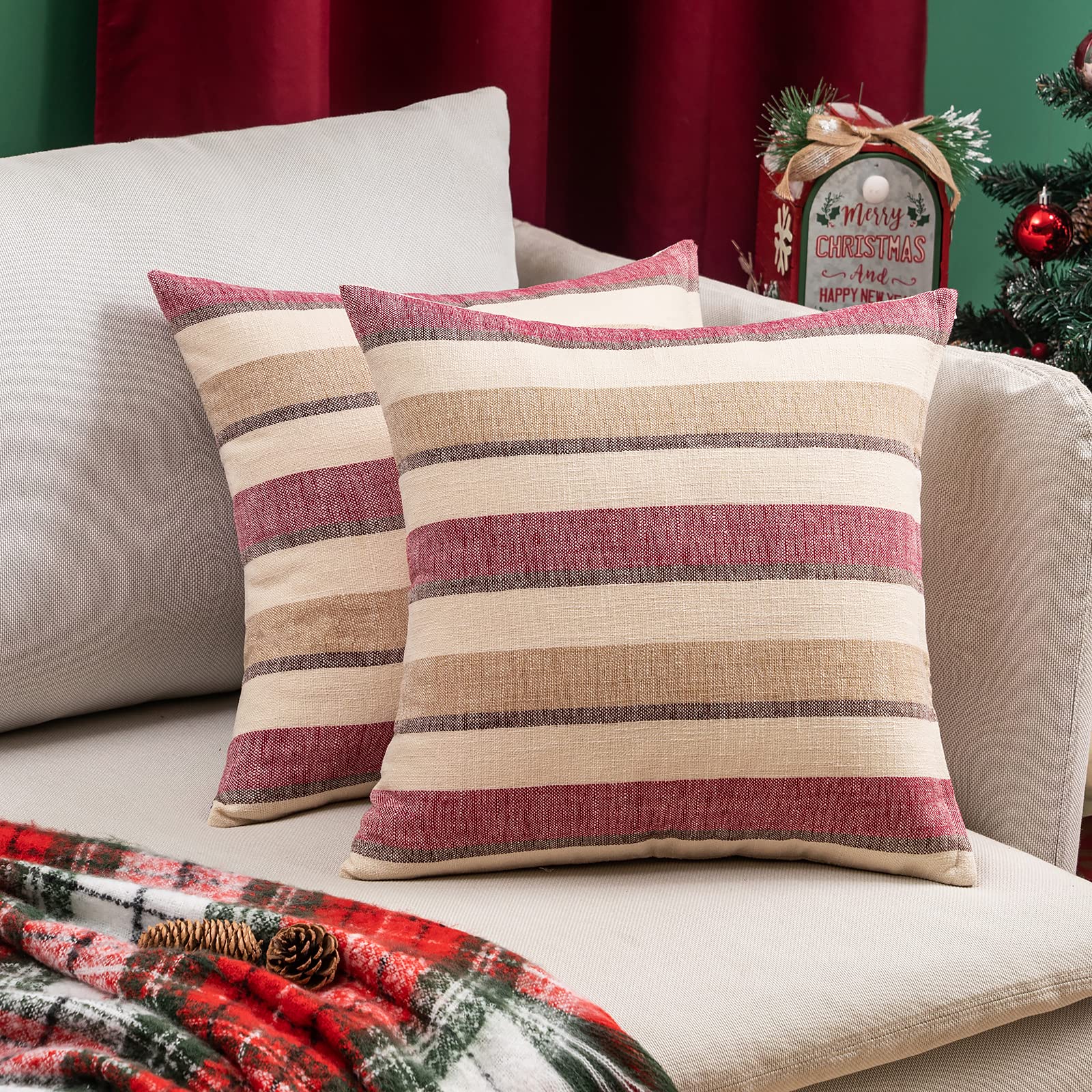 MIULEE Christmas Stripe Square Geometric Cushion Cover Rectangular Faux Linen Throw Pillow Case for Party Sofa Chair Couch Bedroom Livingroom Decorative 20x20 Inch 50x50 cm Set of 2 Red and Brown