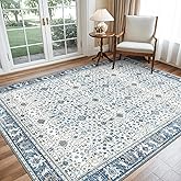 GENIMO Machine Washable 6x9 Area Rugs for Living Room, Non Slip Vintage Rugs, Low Pile Lightweight Chenille Print Rug for Bedroom, Dining Room, Home Office, Retro Light Blue