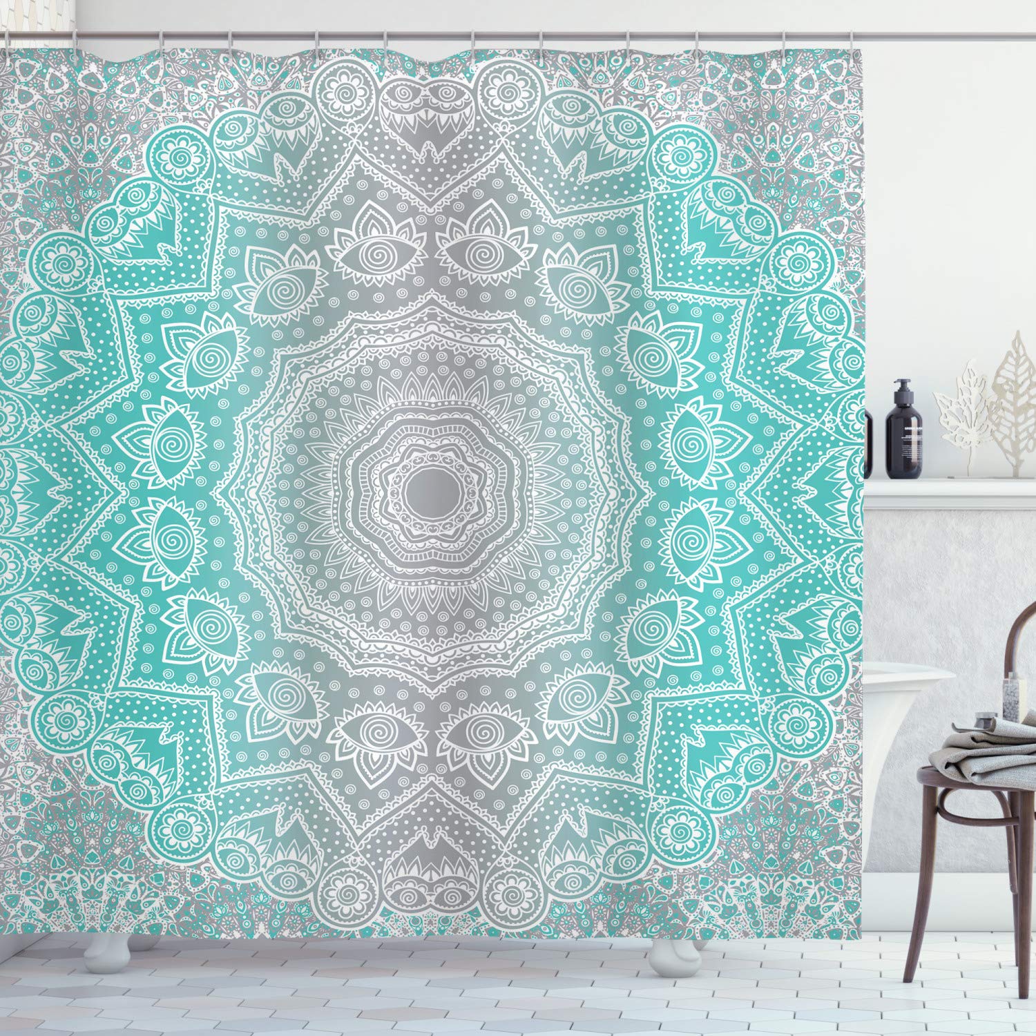 ABAKUHAUS Grey and Turquoise Shower Curtain, Color Transition Themed Lines and Shapes Mandala Ombre Art, Cloth Fabric Bathroom Decor Set with Hooks, 86" Inches, Turquoise Grey