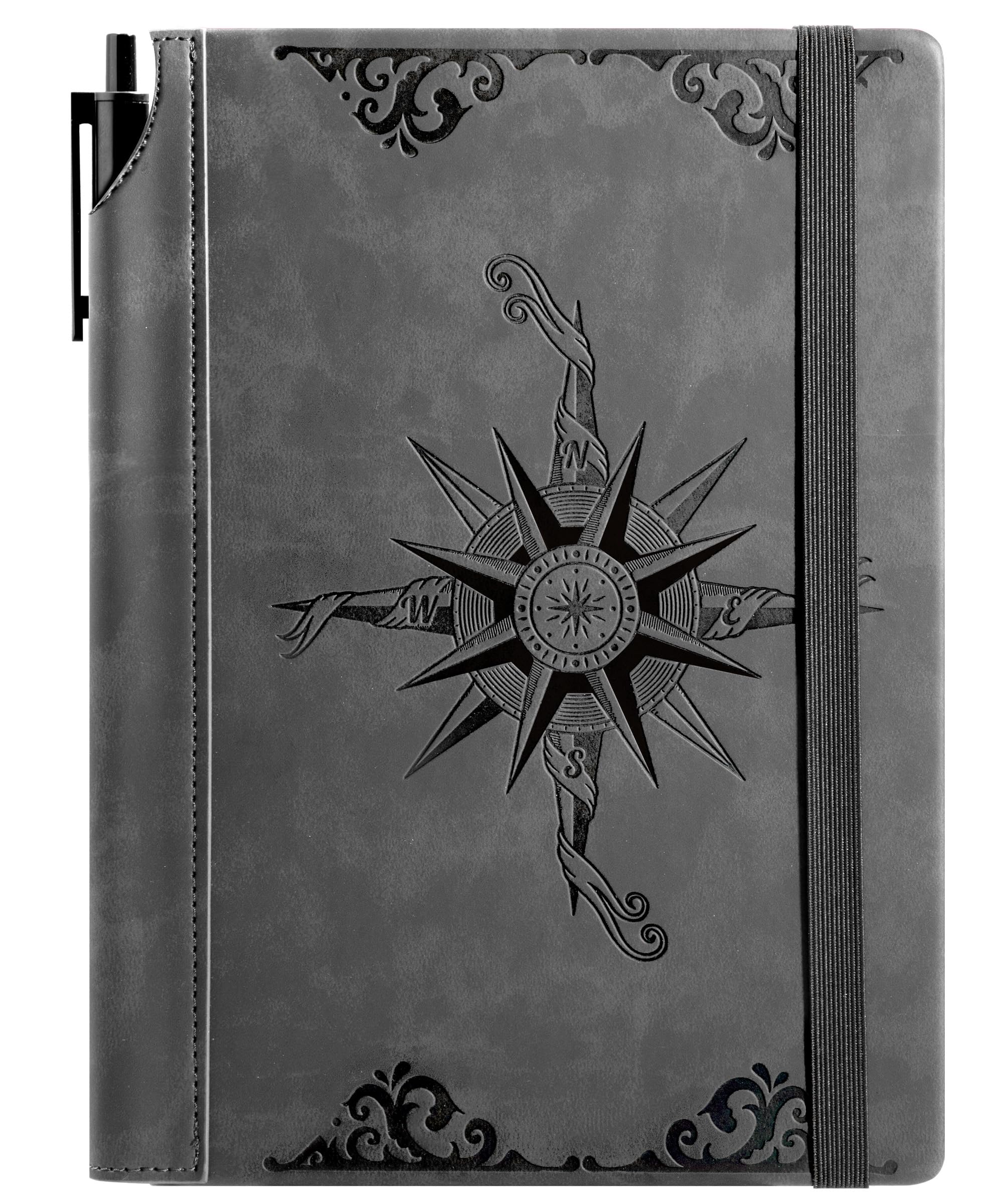 CAGIE Compass Leather Notebook Journal for Men, 100 GSM 288 Pages Lined Journals for Writing, A5 Hardcover Journaling Notebooks Gifts Set with Pen for Travel Office Daily Writing, Grey