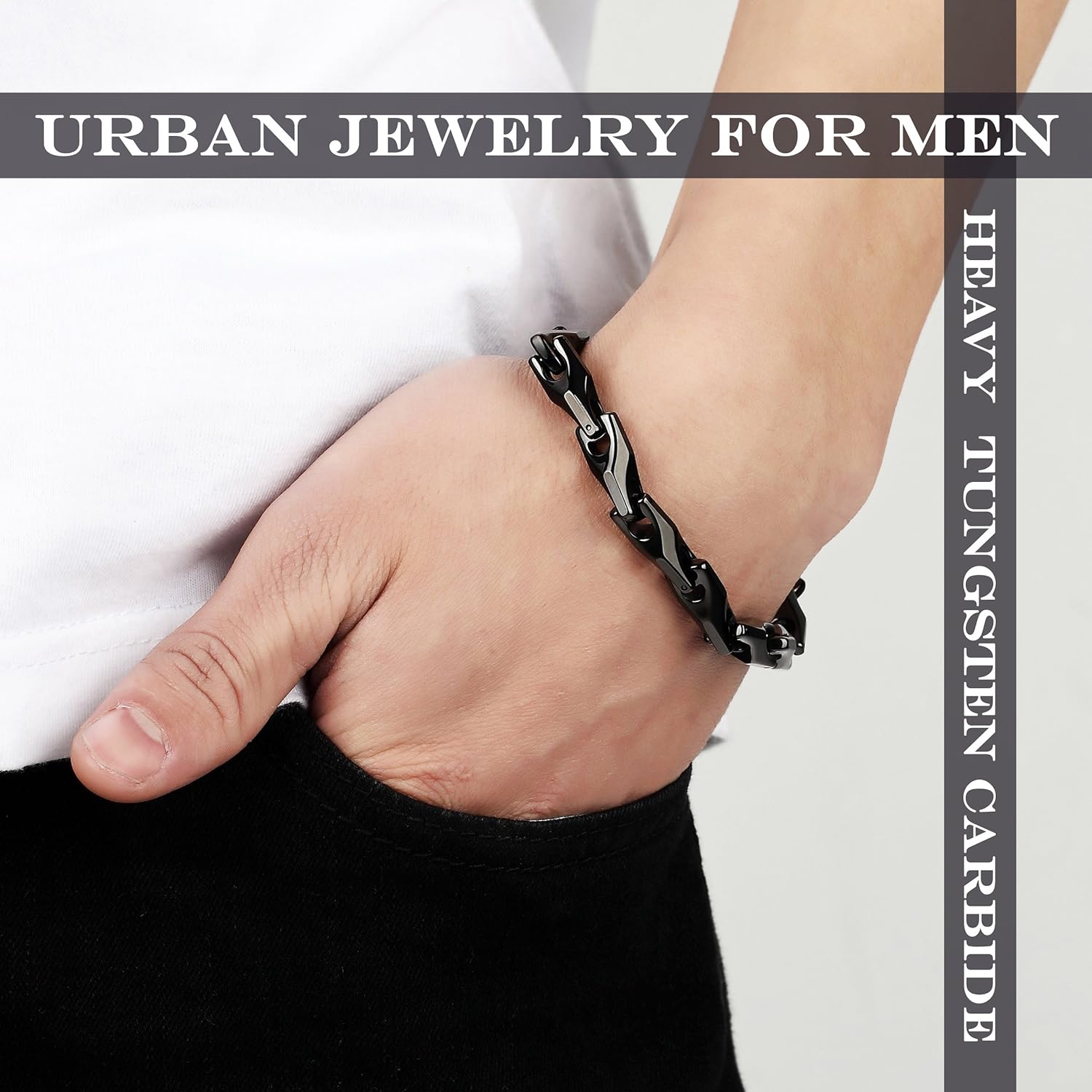 Urban Jewelry Classy Men's Solid Heavy Wheat Tungsten Carbide Bracelet - 3 Sided Links (9 inch, Black): Clothing
