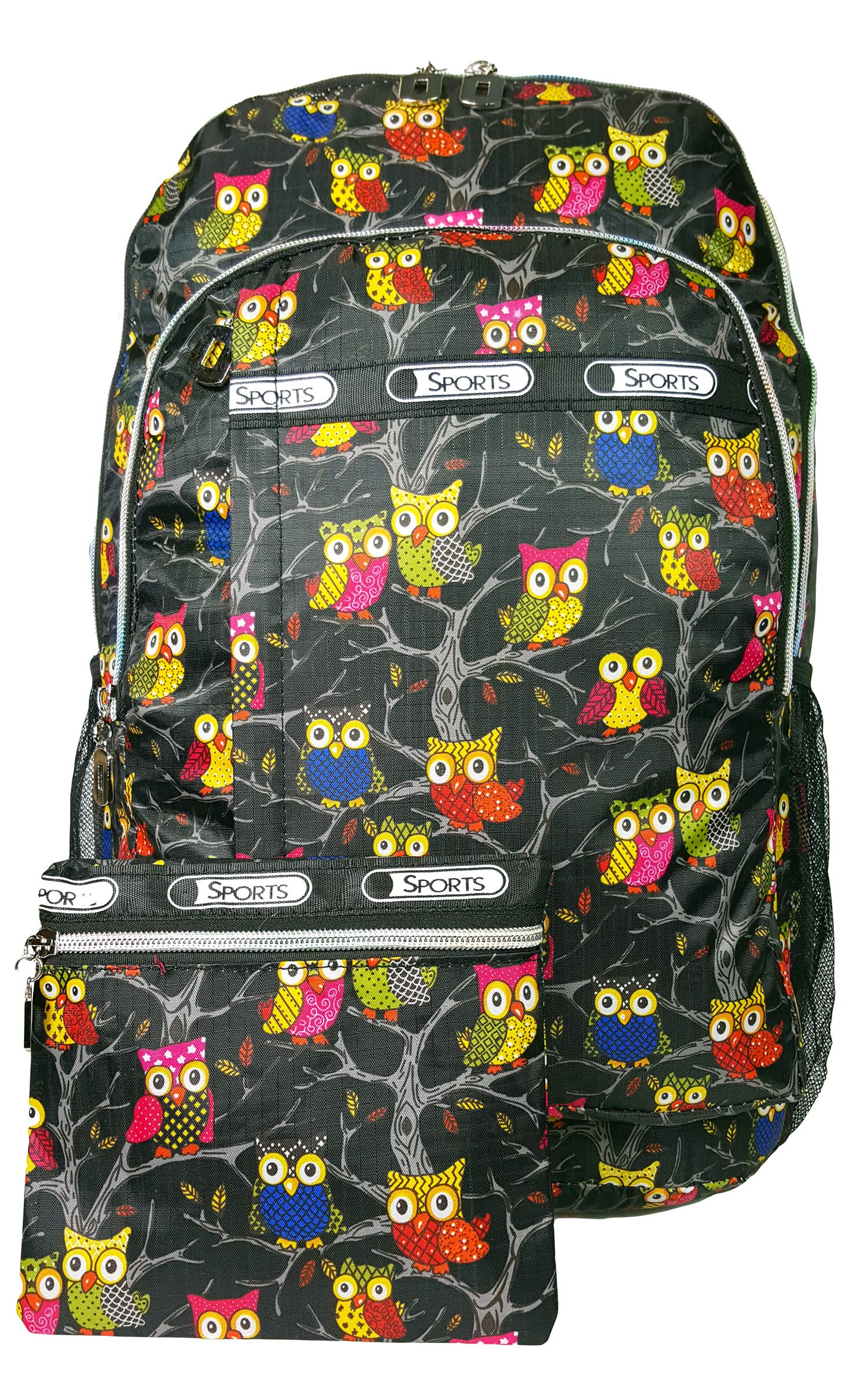 GFM® Owl Design Happy Backpack Colourful Owl Bag For School, Gym, Holidays, Beach, Casual Bag - S1-Owl in Tree - Black (BKP-6215-OT-KL)