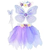 DJDLPARTY Girls Fairy Costume Set with Butterfly Wings Tutu Wand and Halo Headban