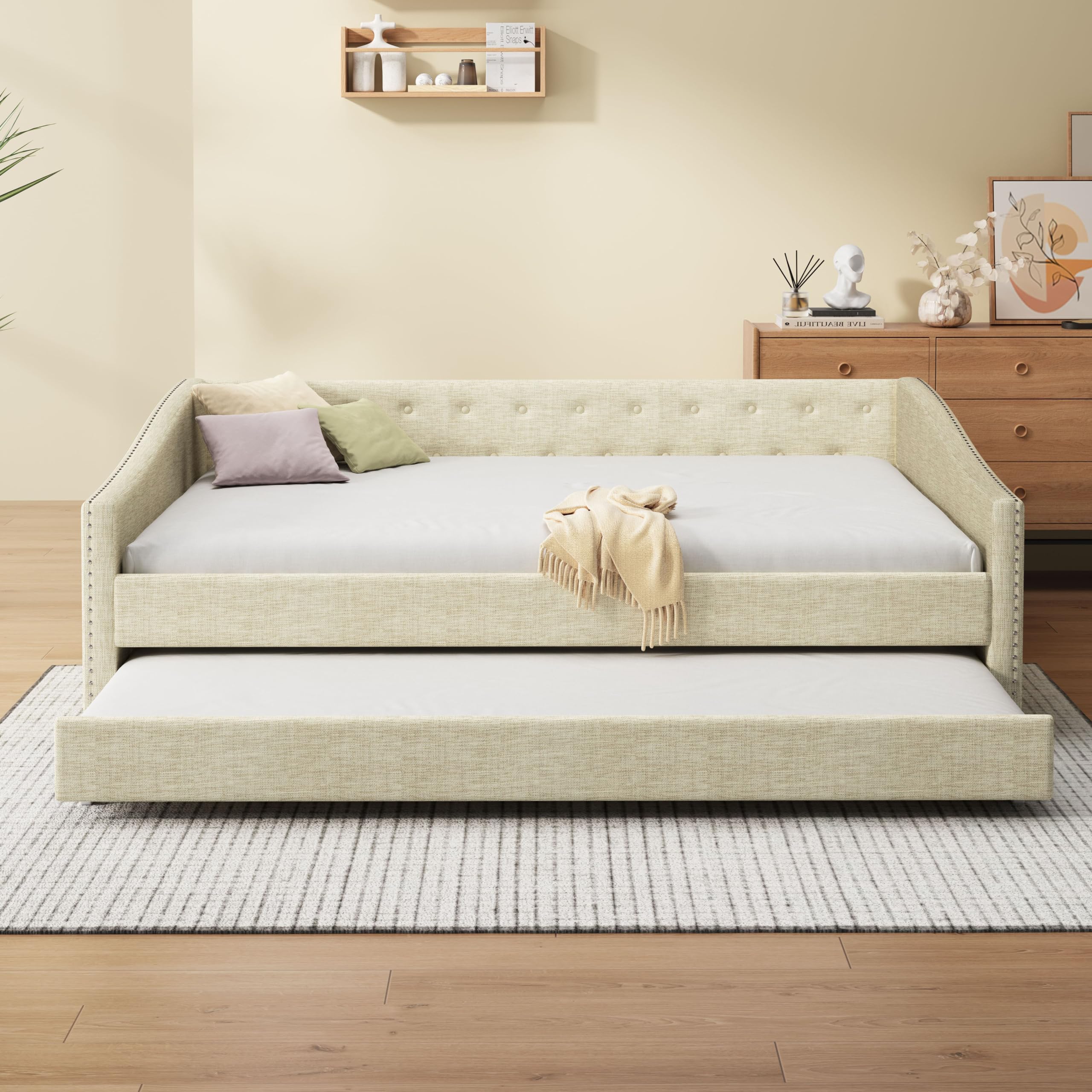 Photo 1 of ACQCA Full Size Daybed with Trundle,Upholstered Day Bed Frame with Button Tufted Backrest and Wood Slat Support, Nailhead Decorated Armrest,No Box Spring Needed,Beige