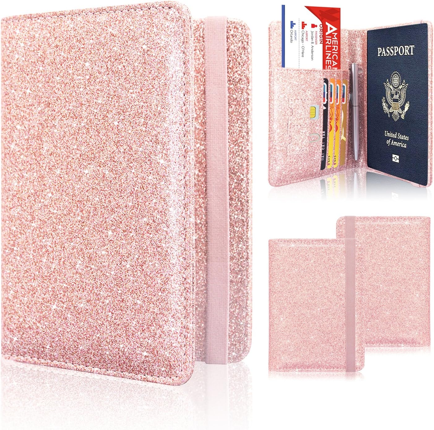  | Passport Holder Cover, ACdream Travel Leather RFID Blocking Case Wallet for Passport with Elastic Band Closure, Rose Gold Glitter | Passport Covers