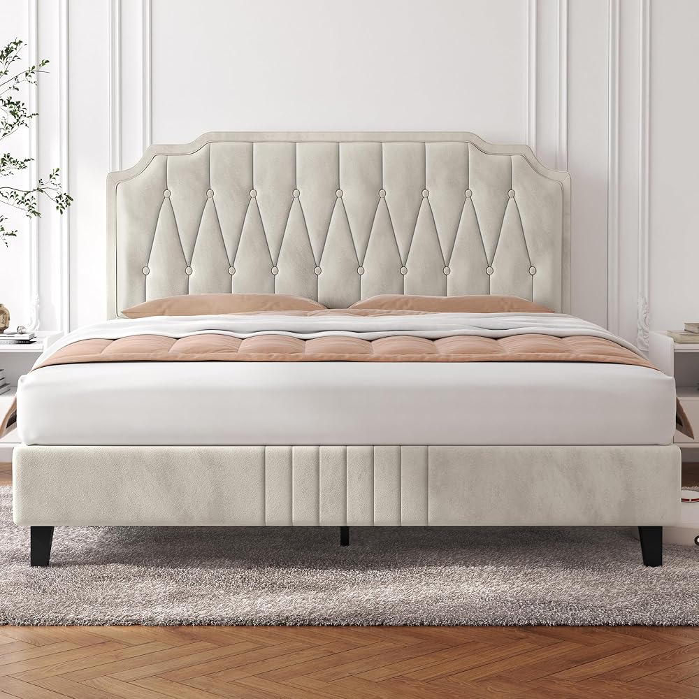 Yaheetech 5ft King Bed Frame Upholstered Platform Beige Velvet