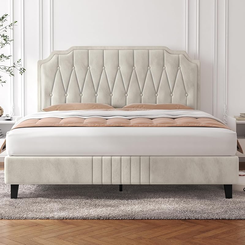 Yaheetech 5ft King Bed Frame Upholstered Platform Beige Velvet
