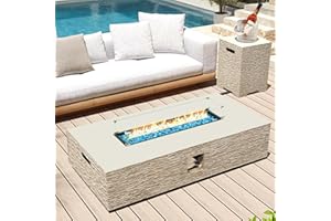 UPHA 56-inch Outdoor Propane Gas Fire Pit Table 50000 BTU Concrete Rectangle FirePit for Outside Patio with Propane Tank Cover, Wind Guad, Blue Glass Rocks, Rain Cover, Beige Texture