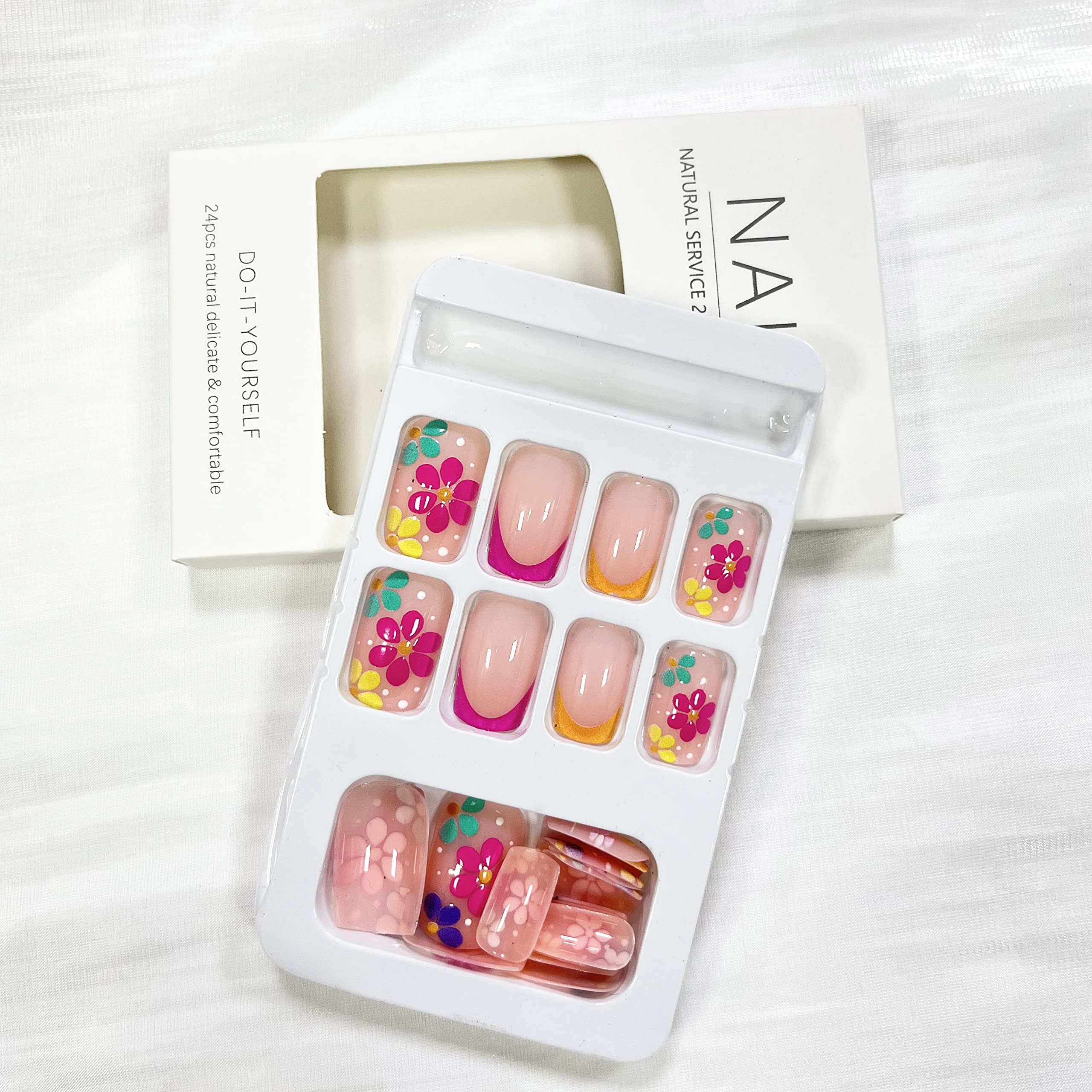 French Tip Press on Nails Square Short Fake Nails Pink False Nails with Colorful Designs Glossy Acrylic Nails Spring Summer Floral Glue on Nails for Women Nail Art Decorations - Image 3