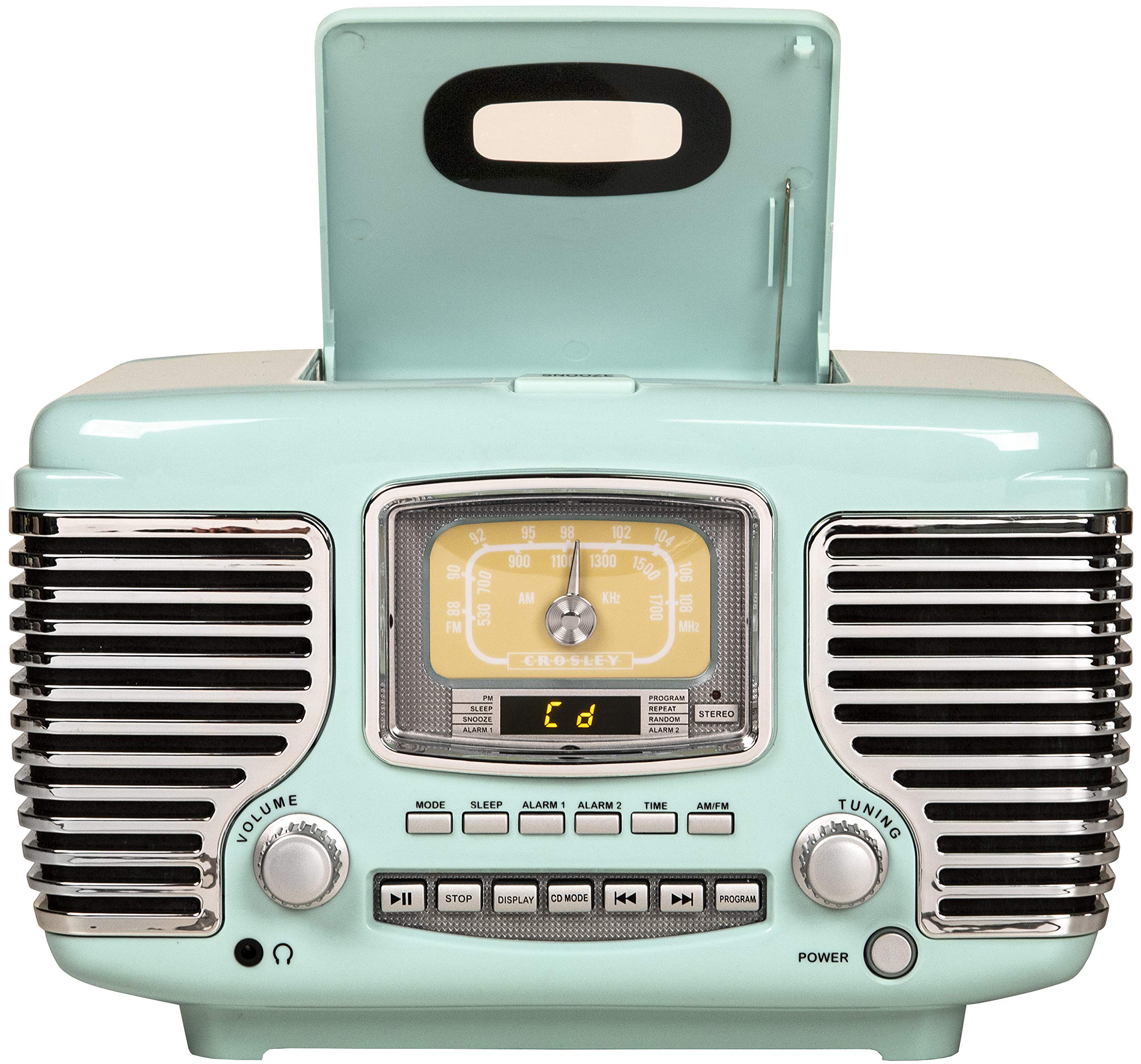 Crosley CR612B-AB Corsair Tabletop AM/FM Bluetooth Radio with CD Player and Dual Alarm Clock, Aqua Blue