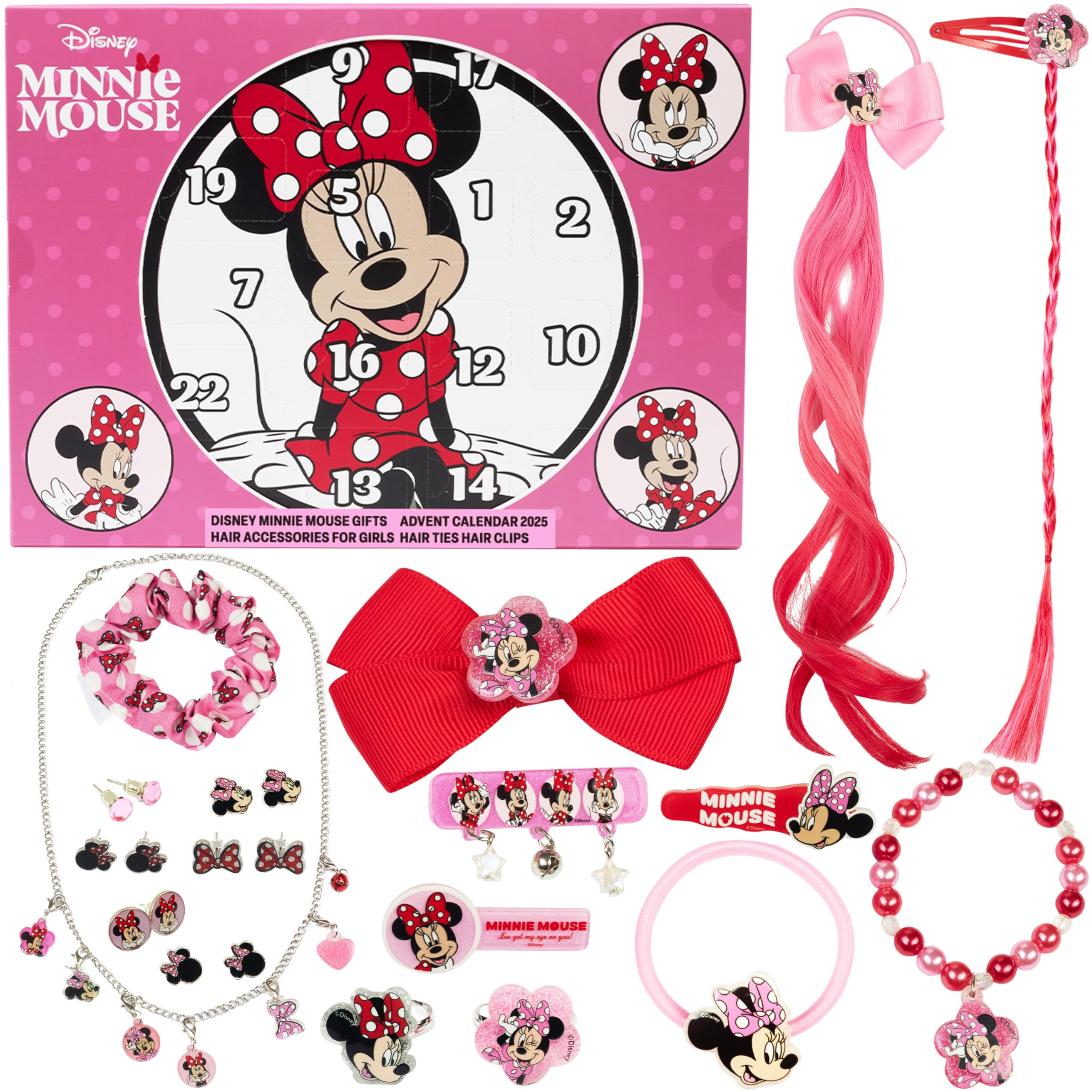 Disney Minnie Mouse Advent Calendar 2025 Girls, Hair Accessories & Jewellery Christmas Countdown, Hair Clips Scrunchies, Xmas Girls Gifts (Pink Minnie Mouse)