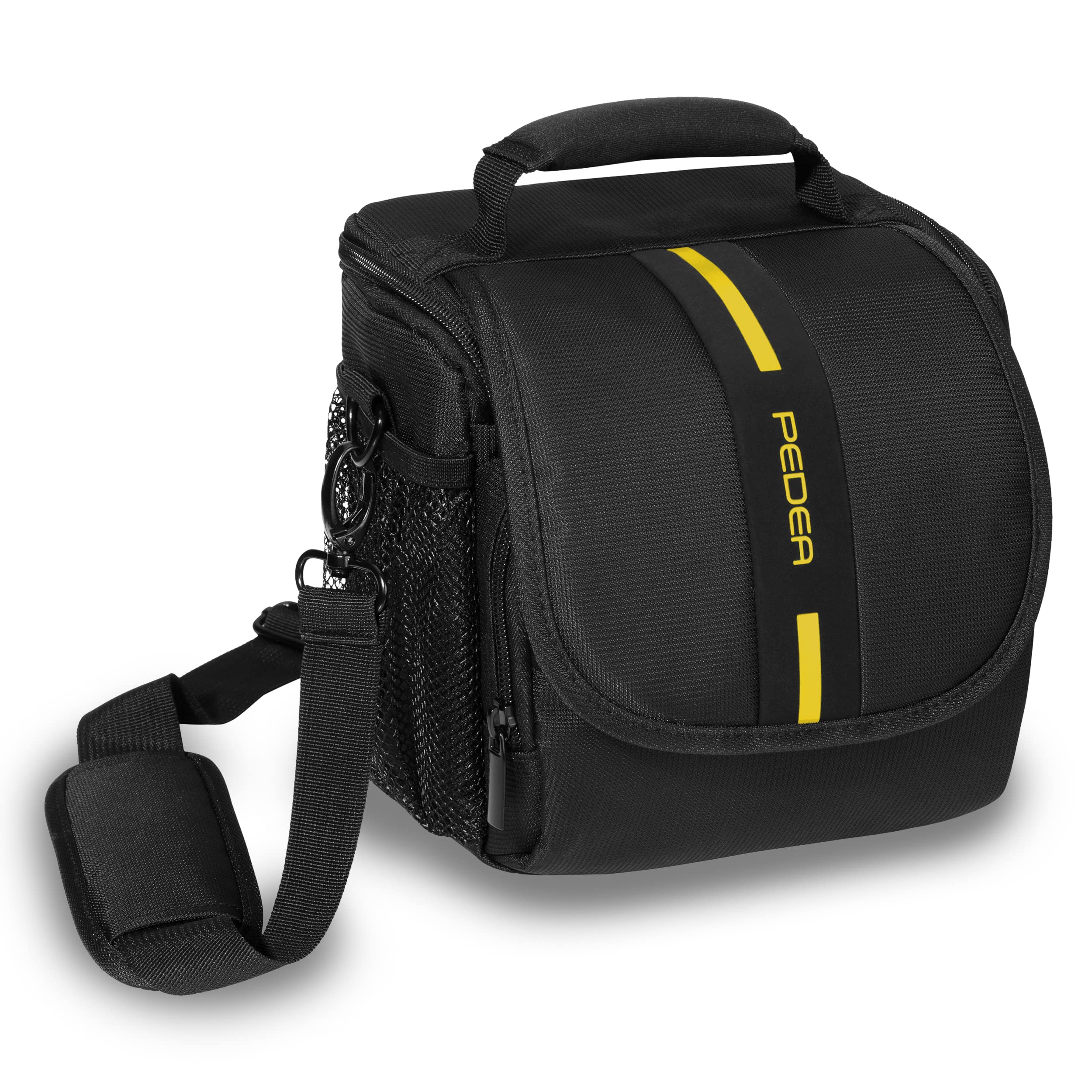 PEDEA DSLR camera bag "Essex" Camera bag for SLR cameras with waterproof rain cover, carrying strap and accessory compartments, Size M, black/yellow