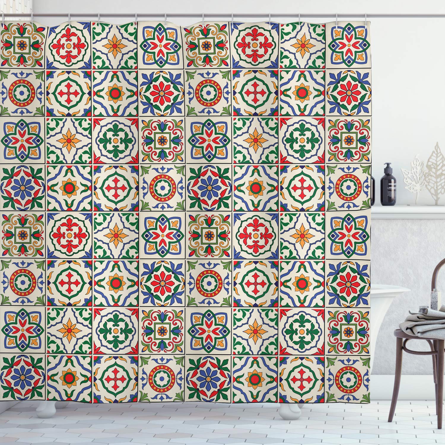 ABAKUHAUS Moroccan Shower Curtain, Colorful Azulejo Pattern Portuguese Ornamental Abstract Floral Arrangements Leaves, Cloth Fabric Bathroom Decor Set with Hooks, 175 x 220 cm, Red Blue — image 1