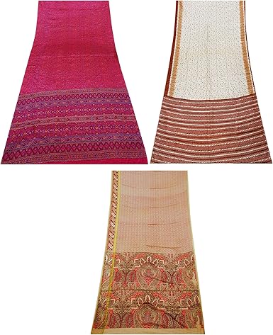 Amazon Peegli インドの多色diyクラフト生地シルクブレンドとナイロンシルクヴィンテージリサイクル素材混合パターンサリー3サリー アート装飾布のロット 布 生地 通販