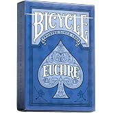 Bicycle Euchre Playing Card Deck 9 Through Ace Double Deck Blue | 2 pre-stripped Euchre decks 9 through Ace, 4 sets of blank scoring cards, Thin Crushed Cardstock, Air Cushion Finish