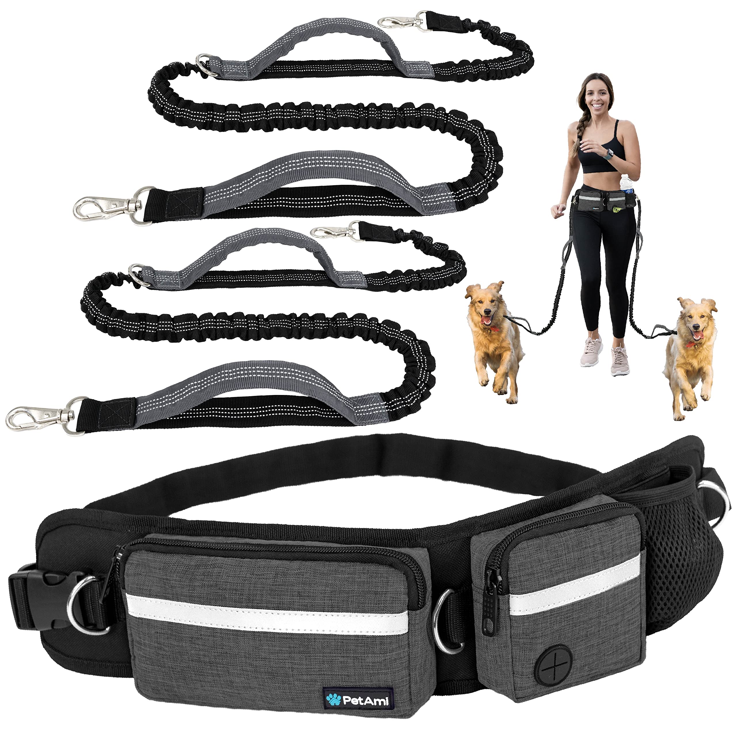 PetAmi Hands Free Dog Running Belt Bag with Double Zipper Pouch for Walking, Jogging, Waist Pack with Poop Bag Dispenser, Dual Padded Handles and Reflective Bungee Leash