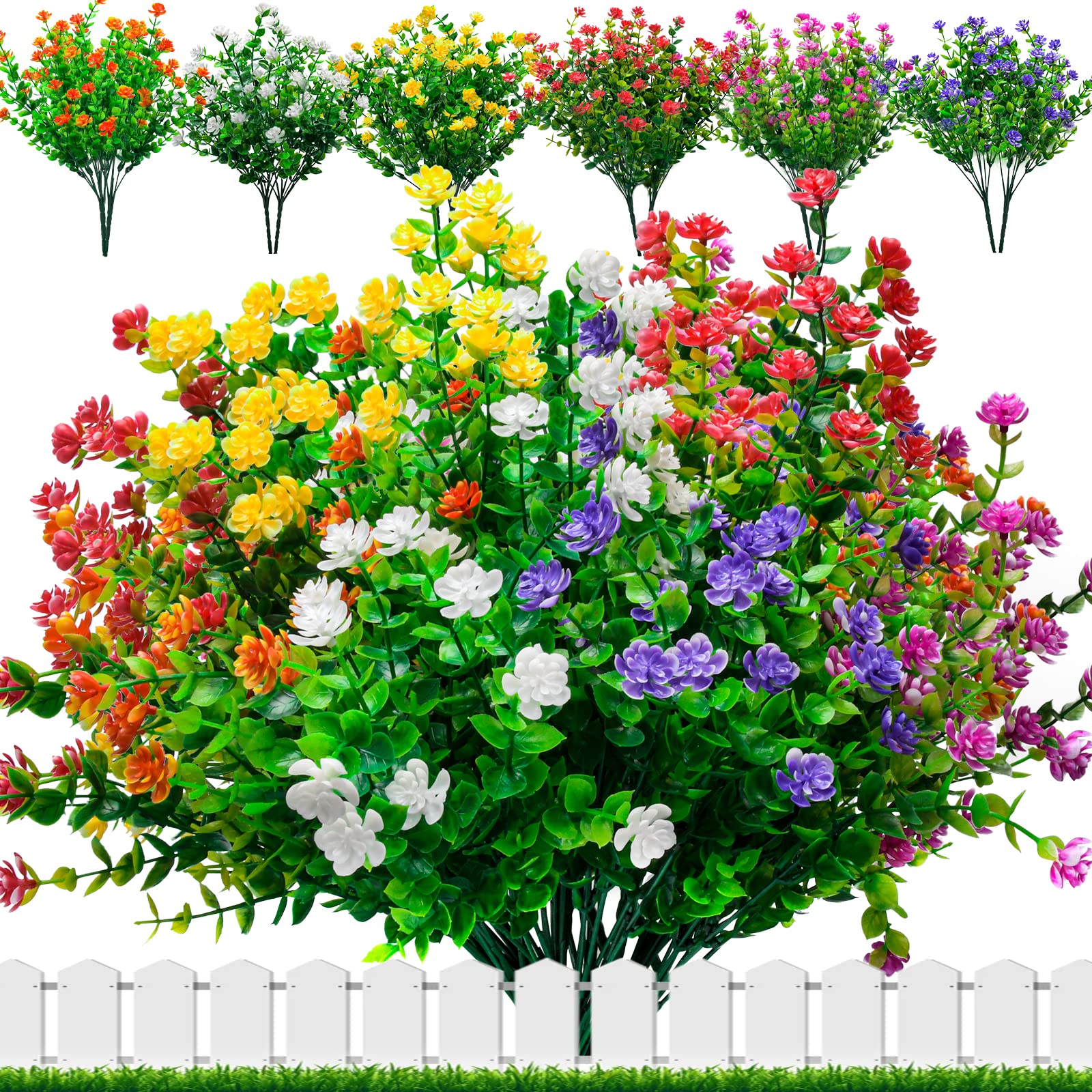 Elecoutek 12 Bundles Artificial Flowers Outdoor, 6 Colors Fake Flowers UV Resistant Faux Plastic Greenery Shrubs Plants for Outside Indoors Hanging Basket Garden Window Box Decoration