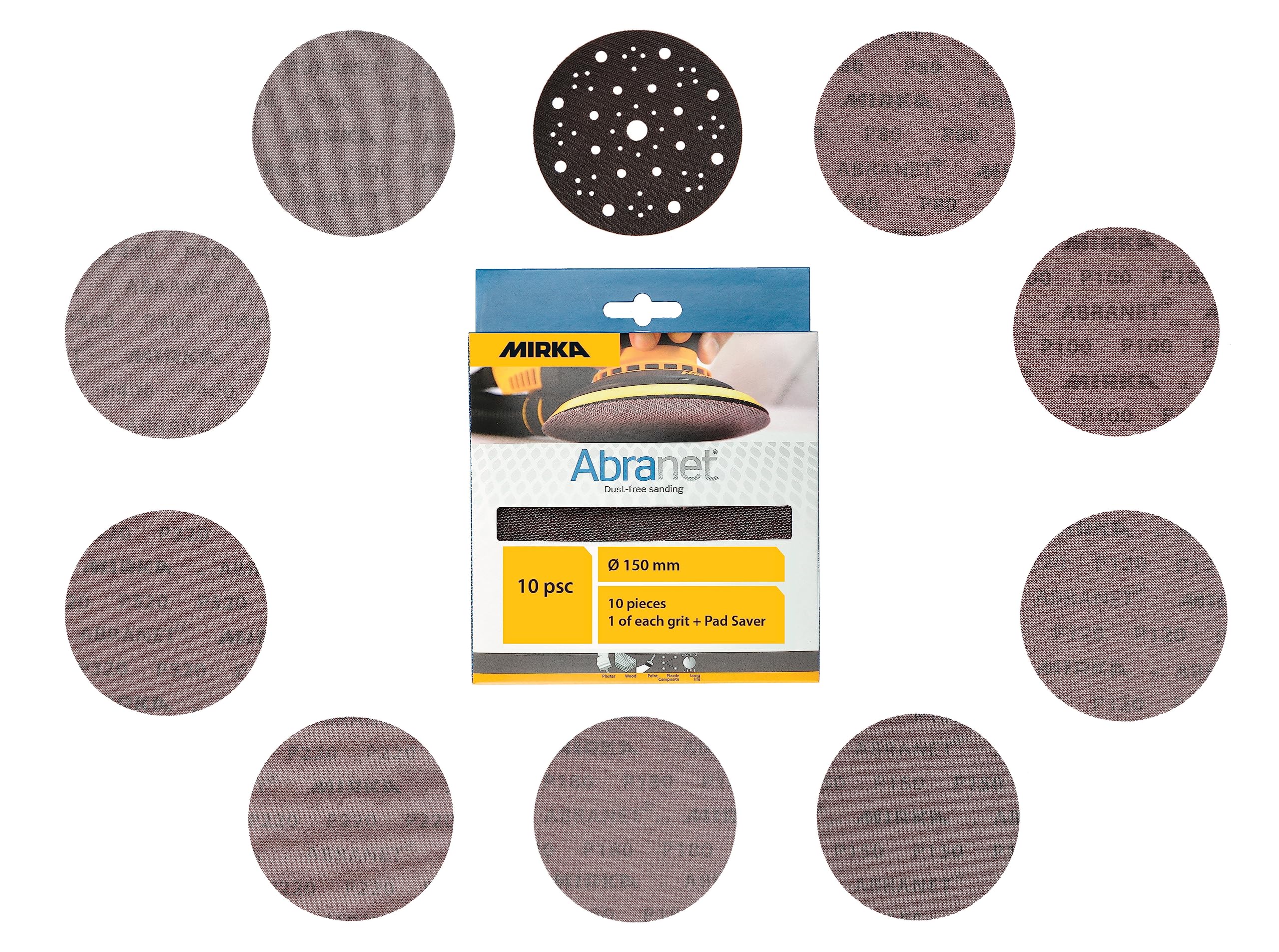 Mirka Abranet net sanding discs Ø 150 mm Hook & loop/Mix-pack 1 of each grit 80, 100, 120, 150, 180, 220, 320, 400, 600 + protective disc / 10 pcs/for all 150 mm eccentric sanders and grinders