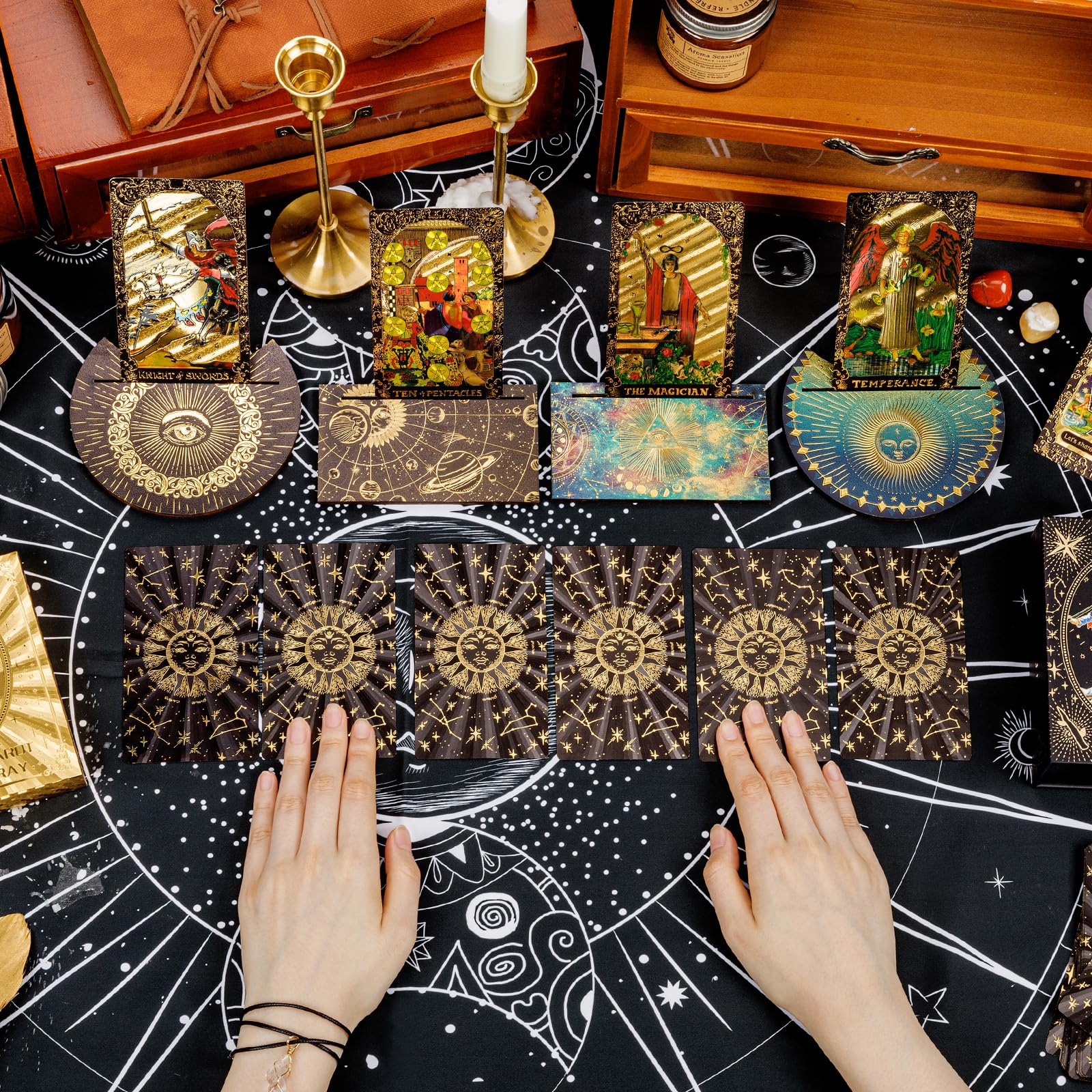 Tarot Cards with Guide Book, 80PCS Gold Tarot Cards Set with 4Pcs Wooden Tarot Card Holder, Waterproof Tarot Deck/Fortune Telling Game Craft Cardboard for Beginners