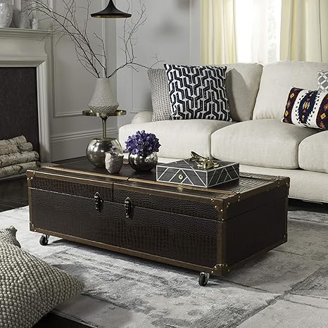 Amazon Com Safavieh Home Zoe Brown Faux Leather Storage Trunk Coffee Table With Wine Rack Furniture Decor