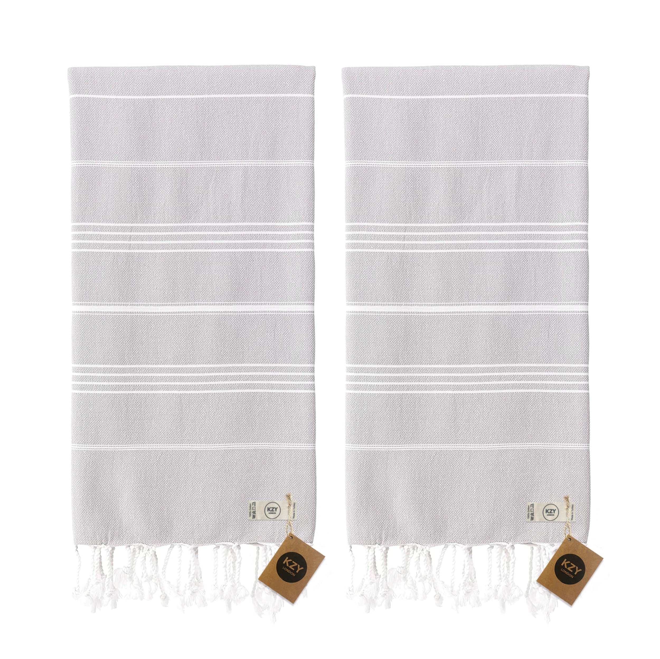 KZY LONDON Beach Towel 2 Pack Large Turkish Beach Towels for Camping, Swimming, Gym - Quick Dry, Absorbent, Lightweight,%100 Cotton 90x180cm Hammam Towels for Adults (2 Set, Grey)