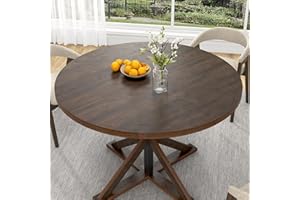 jiteentarou Round Wood Dining Table for Kitchen,Dining Room,Living Room,Farmhouse Dinner Tables W/Thickened Brown Wooden Waterproof Tabletop for 4 People,47 inch Rustic Kitchen Table W/Metal Support
