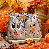 FYSUIMU 24Pcs Fall Thanksgiving Scarecrow Burlap Drawstring Bags with Ribbon Rustic Farmhouse Scarecrow Face Linen Treat Bag Candy Gift Pouches for Autumn Harvest Party Favors