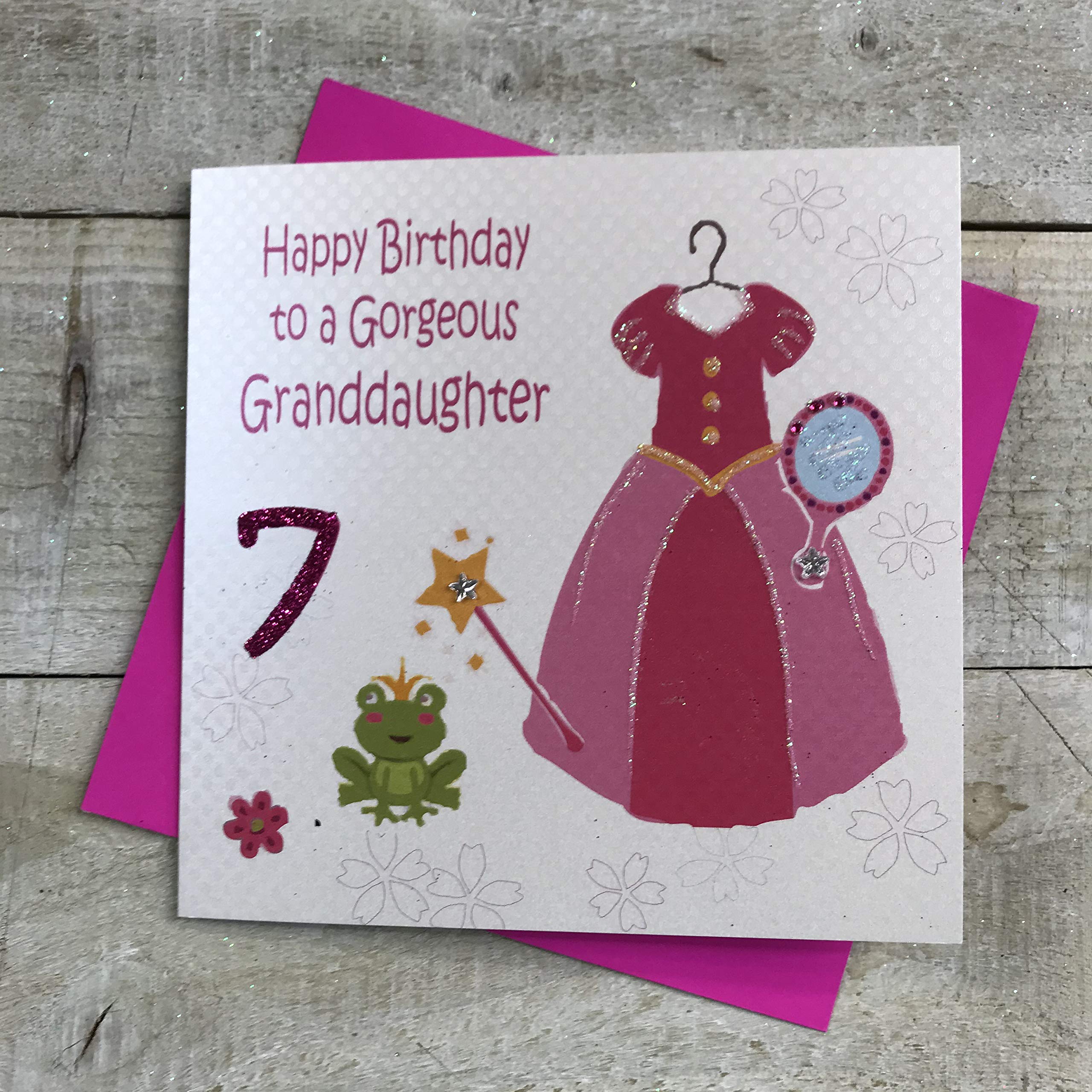White Cotton Cards "Pink, Princess Dress, Happy Birthday To A Gorgeous Granddaughter 7" Handmade Girls 7th Birthday Card, GL242-7
