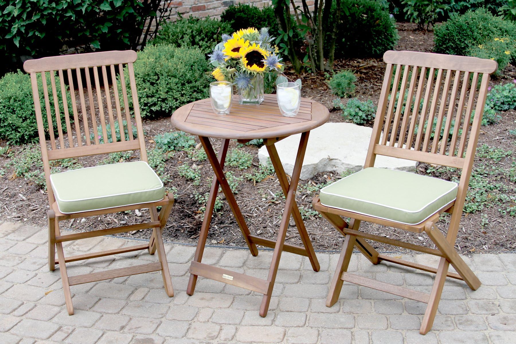 Outdoor Interiors 3-Piece Round Bistro Set, Sage Cushions Included, Brown and Sage Green