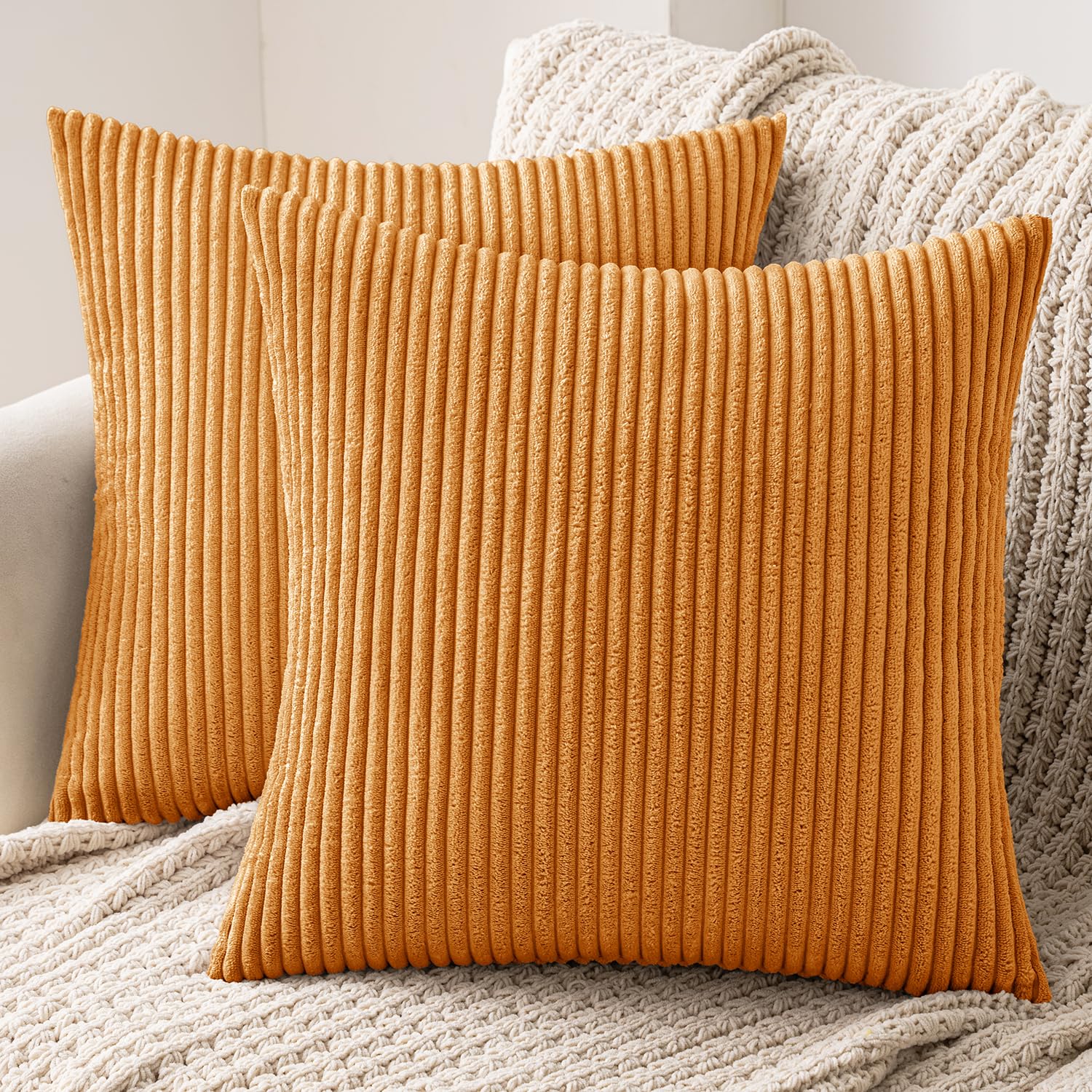 MIULEE Set of 2 Striped Corduroy Square Throw Pillow Case Soft Cushion Cover Sham Home for Sofa Chair Couch/Bedroom Decorative Fluffy Large Pillowcases 16x16 Inch 40x40cm Burnt orange — image 1