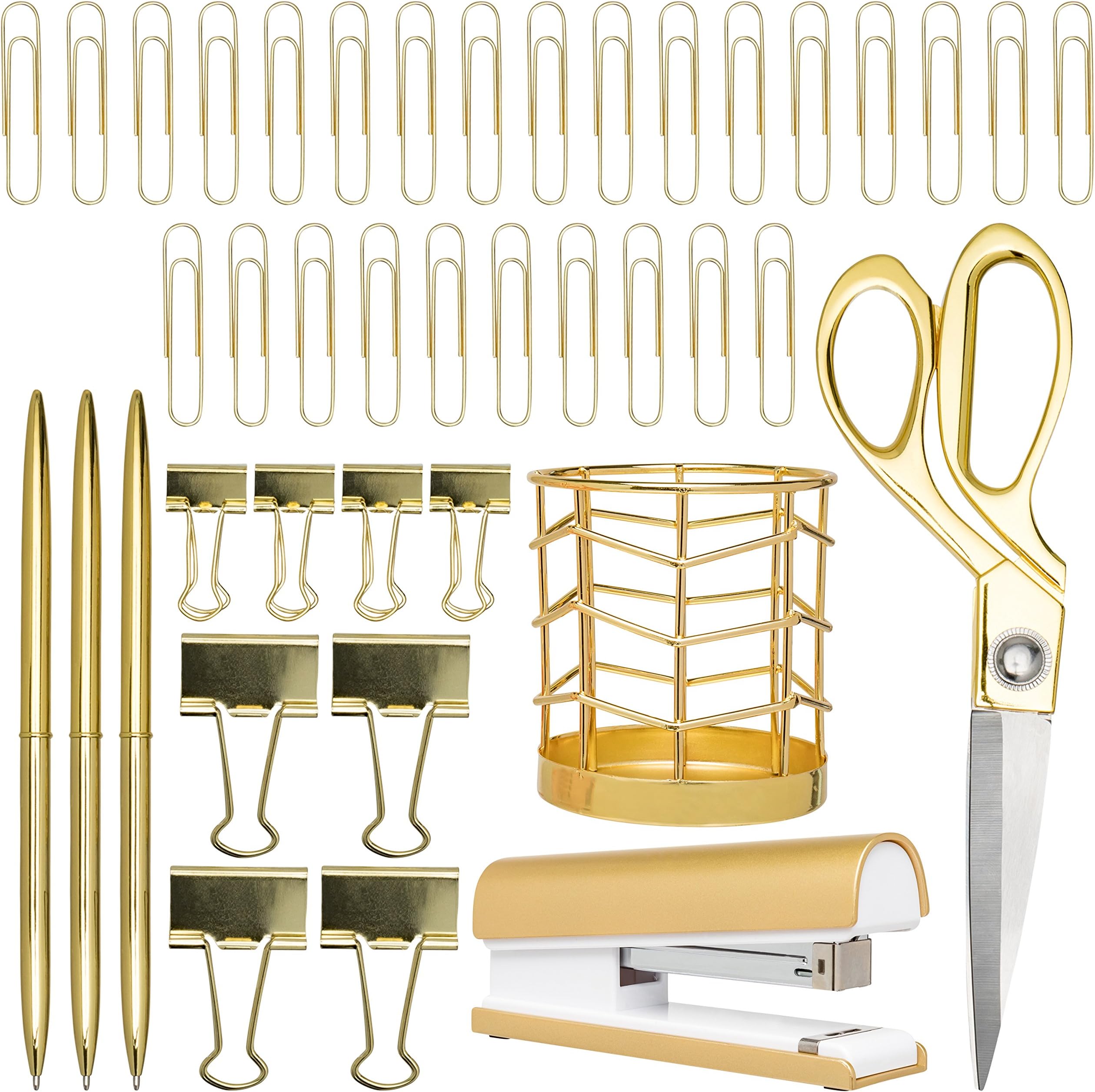Gold Desk Accessories | 7 Desktop Essentials (44 Items Total) | Office Supply Set & Organizer in Gold Décor