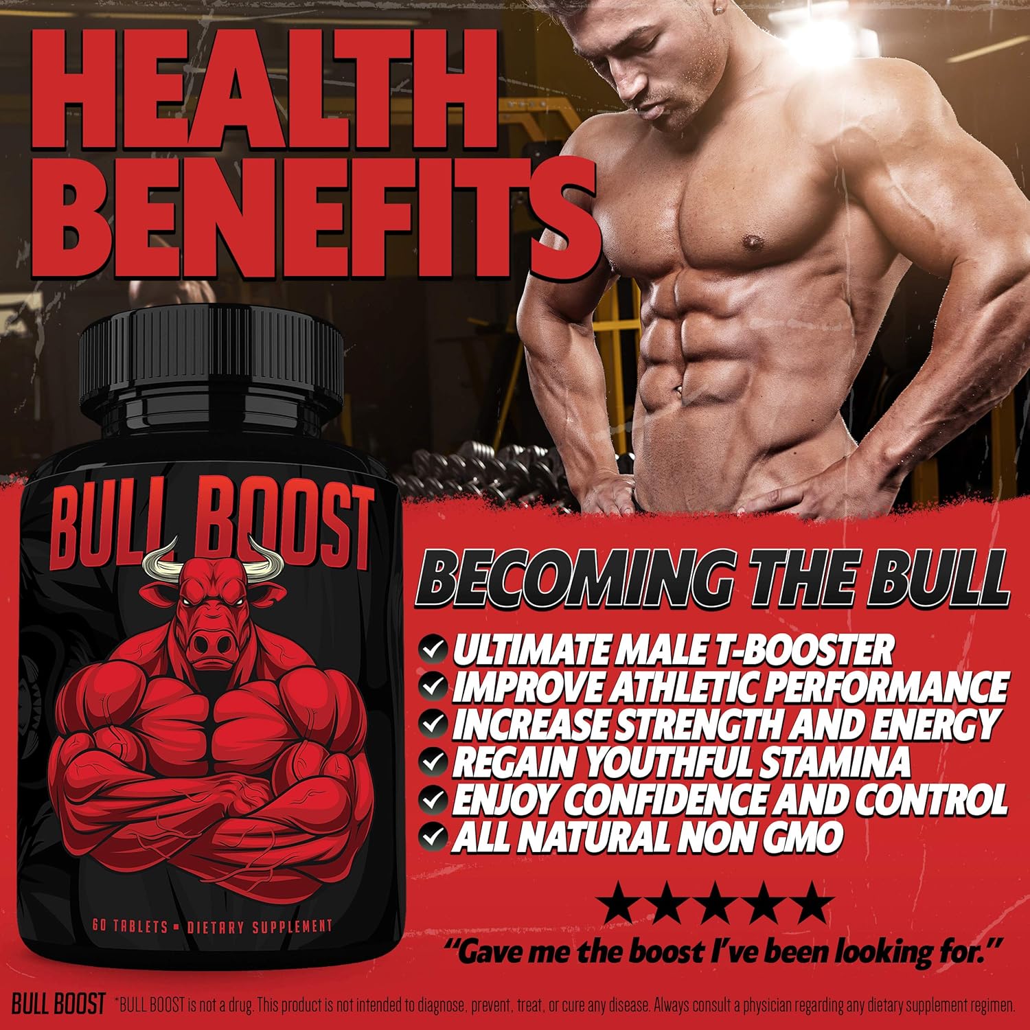 Bull Boost Testosterone Booster for Men - Enlargement Supplement - Increase Size, Strength, Stamina - Energy Enhancing, Mood, Endurance Boost - Natural Male - 1 Month Supply - Made in USA: Health & Personal Care