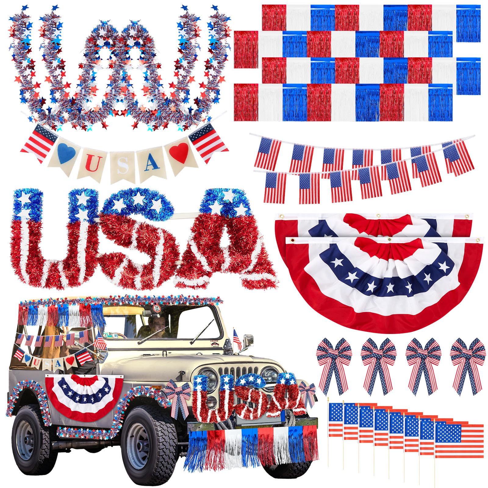 Photo 1 of **MISSING PIECES** Moucuny 25 Pcs 250th 4th of July Car Parade Decorations Kit Metal Wire Garland Fringe Garlands American Flags Fan Shaped Hanging Flag Banner Bows and USA Tinsel Wreath for Independence Day Car Parade