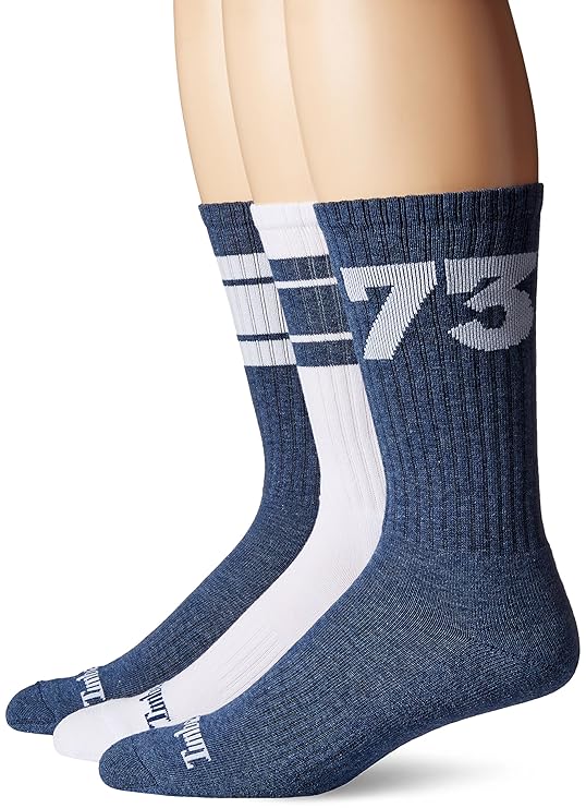 Timberland Men's 3 Pack '73 Crew Sock, Denim Heather/White, Sock Size