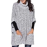 Yingkis Women's Poncho Sweater Turtle Cowl Neck Batwing Sleeve Pullover Sweaters with Pockets