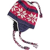 Hand Knit Sherpa Wool Unisex Hat with Micro Fleece Lining with Snowflake Pattern - Ear Flaps - Toque - Beanie