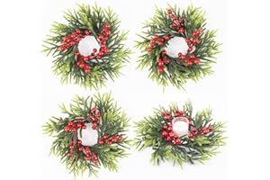 MINDELF 4 Pack Christmas Candle Rings Wreath, Artificial Evergreen Pine Spruce with Red Berries for Christmas Decor Holiday Centerpieces for Table, Classic Candle Rings for Pillar Winter Home Wedding