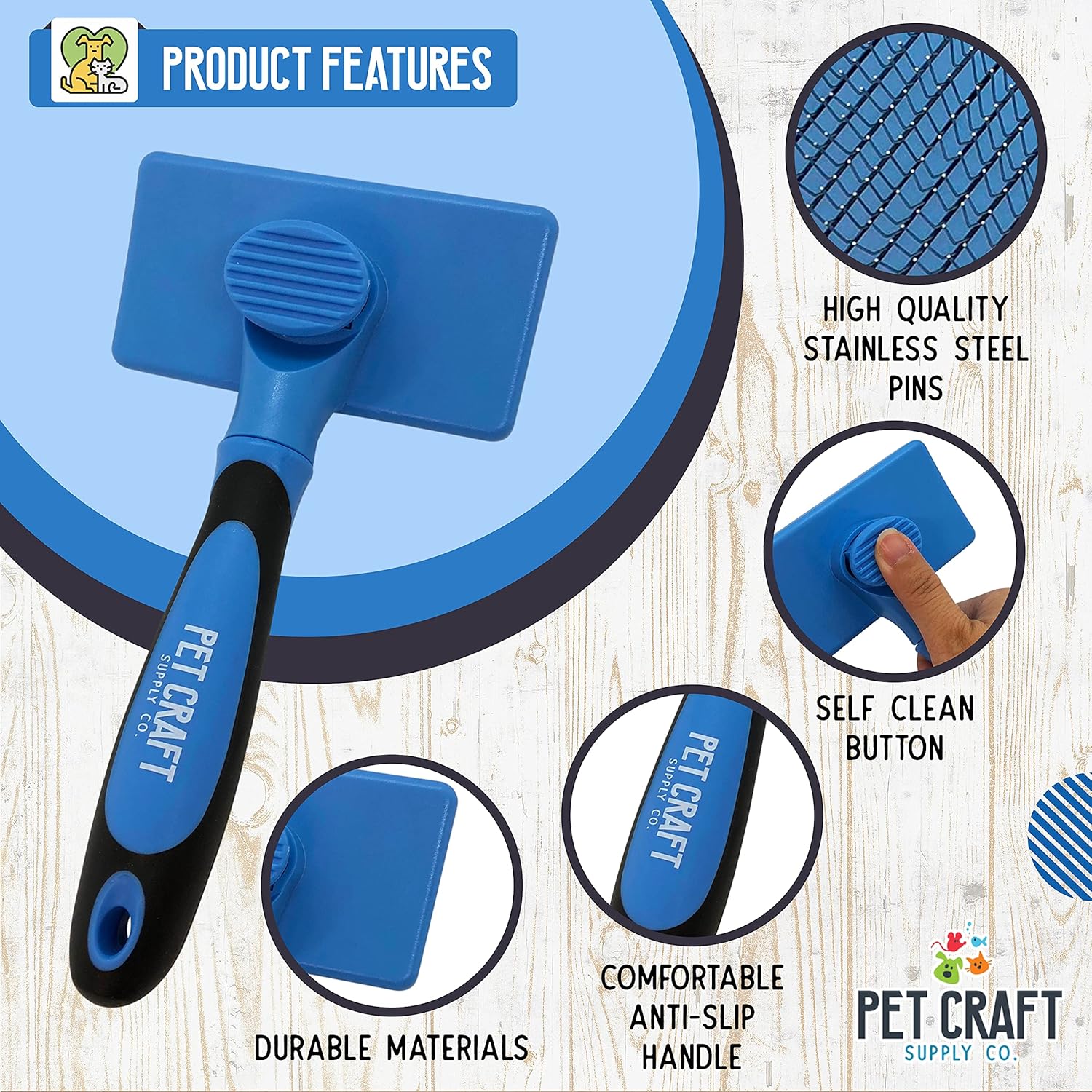 Pet Craft Supply Self Cleaning Grooming Slicker Pet Brush for Cats and Dogs Short Long Haired Fur Small Medium Large Metal Pin Bristle Comb Undercoat DeShedding DeMatting Detangler Puppy Kitten