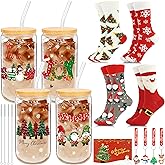 16 Pcs Christmas Gifts Set Christmas Glass Cups Gift for Women Include 16 oz Xmas Glasses Cup with Bamboo Lids and Straws, Socks, Keychains & Cards, Holiday Party Birthday Tumblers Present Bulk